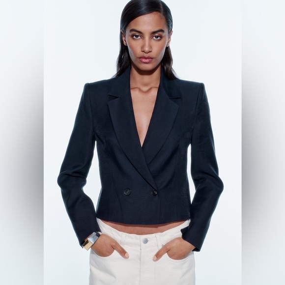 NWT ZARA CROPPED SHOULDER PAD NAVY BLAZER XS - Picture 2 of 9